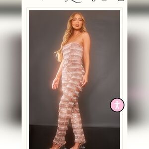 PrettyLittleThing Strapless Pink Fringe Dress